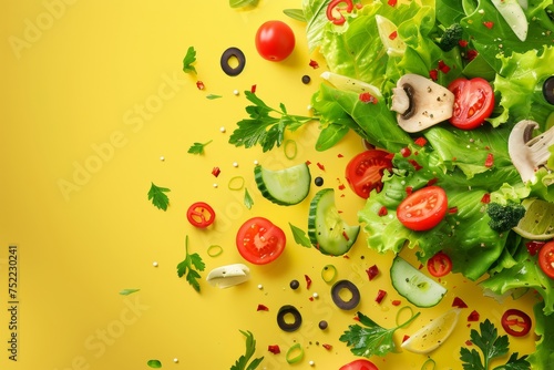 Ingredientes frescos y saludables ensalada verde en fondo amarillo  lechuga aislada con tomates pepino y r  cula  ensalada griega  dieta mediterr  nea  ensalada espacio para texto 