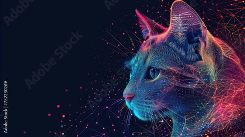 Illustration abstract 3d hologram cat animal, on dark background. AI generated photo
