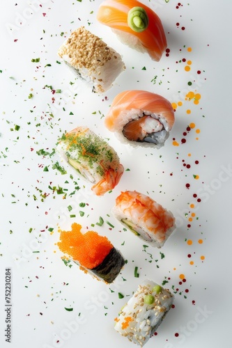 sushi tradicional japones restaurante de lujo fondo blanco, uramaki de salmón atún langostino y aguacate, buffet libre de nigiris 