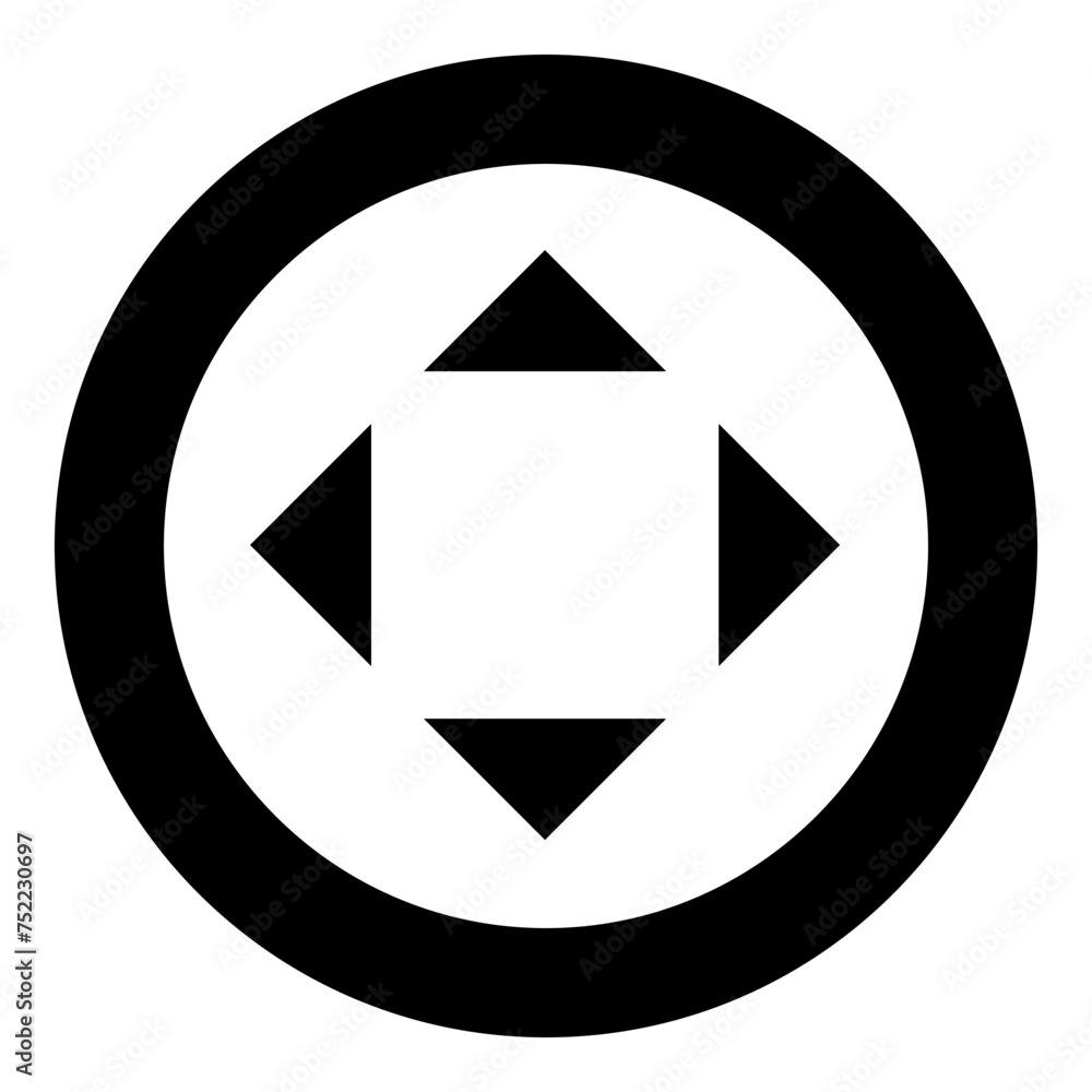 Four arrows pointing from the center symbol location icon in circle round black color vector illustration image solid outline style Four arrows pointing from the center symbol location icon in circle round black color vector illustration image solid outline style