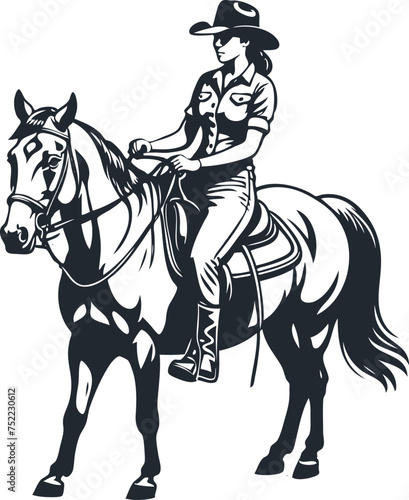 Cowboy girl in a hat rides a horse, vector illustration