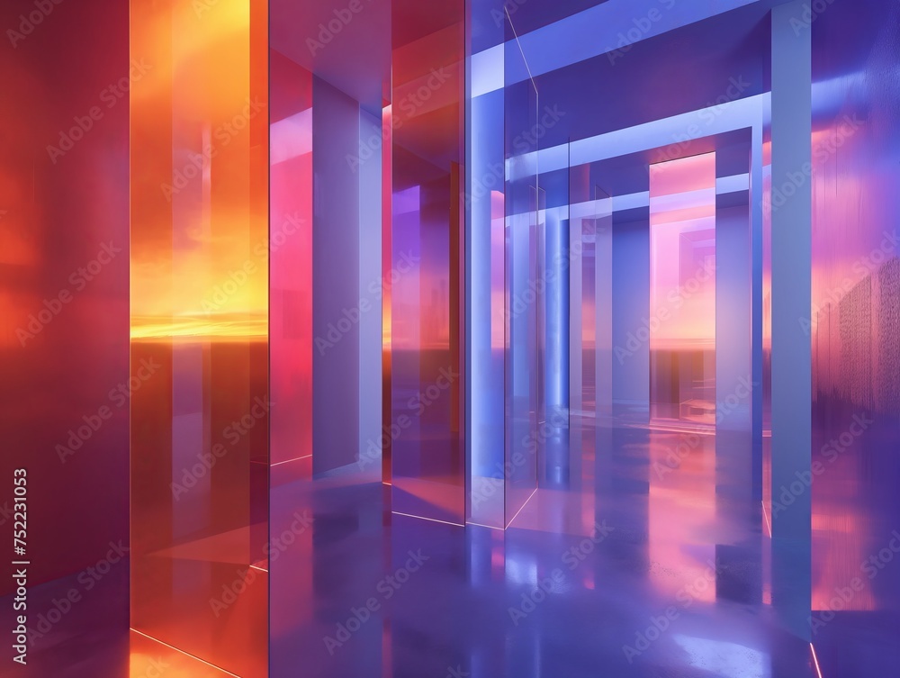 Vivid colors and reflections create an abstract corridor leading to a sunset view, evoking mystery and futuristic design.