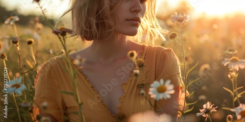 Atardecer en un campo de margaritas, mujer al amanecer rodeada de flores blancas, retrato aesthetic en primavera  photo