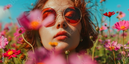 Retrato aesthetic entre las flores, mujer con gafas de sol paseando por un campo de flores silvestres  photo