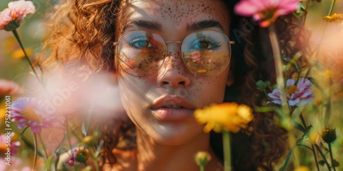 Close-up mujer con gafas y pecas posando entre las flores, retrato primaveral aesthetic  photo