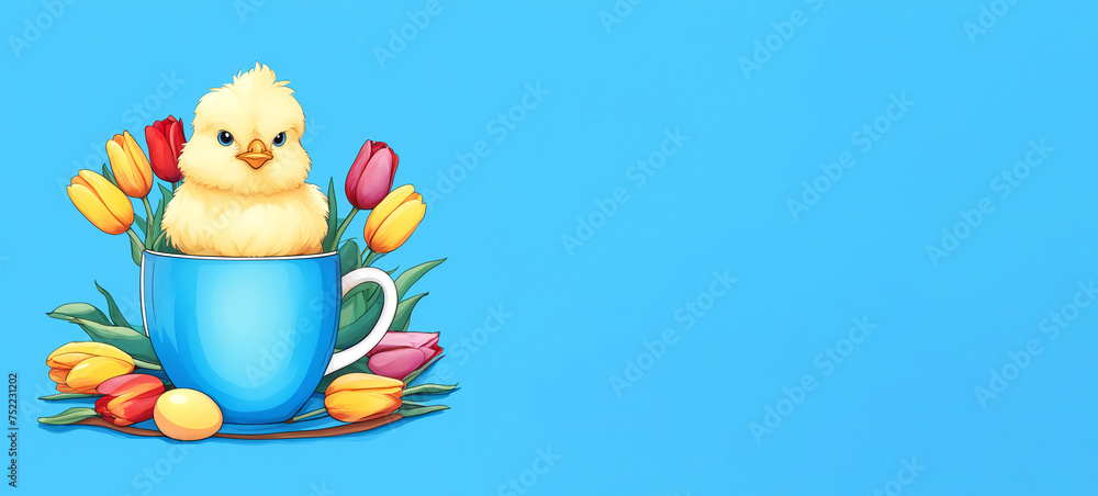 Naklejka premium cute yellow chicken in a tea mug with eggs and tulips. Happy Easter, spring holiday. artificial intelligence generator, AI, neural network image. background for the design.
