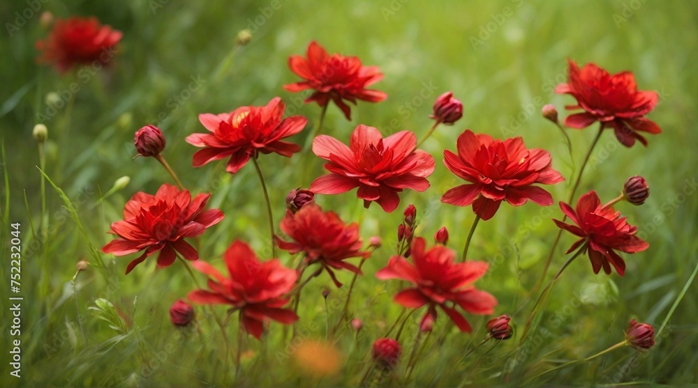 A cluster of vibrant red flowers blooms amidst the green grass, adding a splash of color to the natural landscape. The flowers stand tall and proud, swaying gently in the breeze. A cluster of vibrant red flowers blooms amidst the green grass, adding a splash of color to the natural landscape. The flowers stand tall and proud, swaying gently in the breeze.