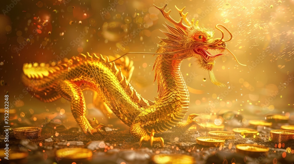 Illustration Chinese golden dragon waiting for a pile of gold coins. ai generative Illustration Chinese golden dragon waiting for a pile of gold coins. ai generative