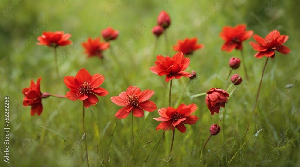A cluster of vibrant red flowers blooms amidst the green grass, adding a splash of color to the natural landscape. The flowers stand tall and proud, swaying gently in the breeze.