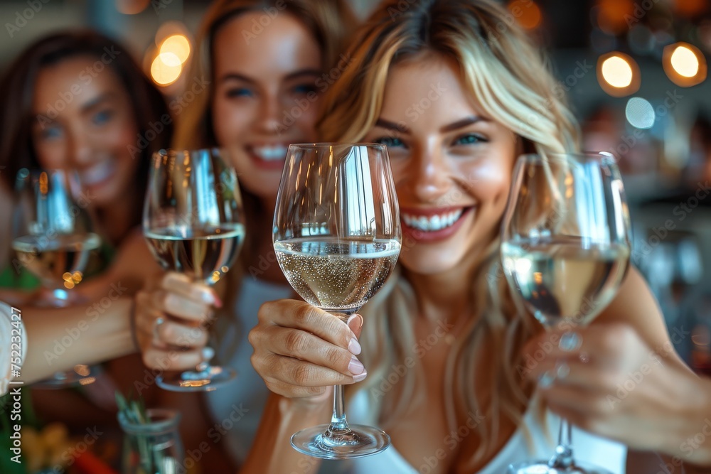 A lively image capturing friends clinking glasses while toasting in a festive atmosphere A lively image capturing friends clinking glasses while toasting in a festive atmosphere