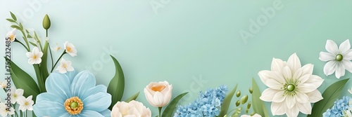 spring banner in pastel colors with white and blue snowdrops with green leaves with free space for text insertion