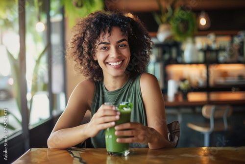 a woman is smiling at a table holding her green smoothie, in the style of a relatable personality, earthy textures, and jeans.