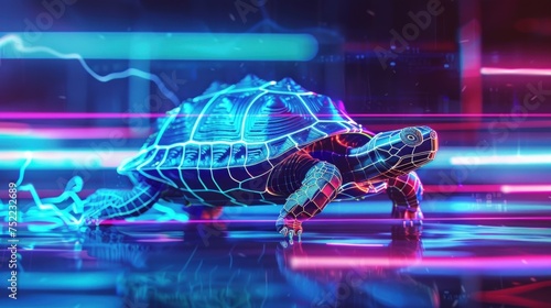 Turtle robot illustration on neon background. Cyborg Turtle. New world concept. Ai generated