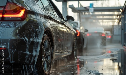 Customer washing their car at a self-service car wash, with water droplets glistening on the vehicle's surface