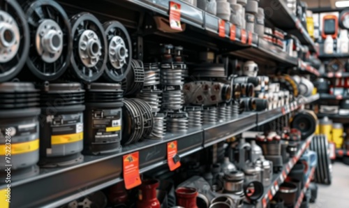 Details of different auto parts neatly arranged on display shelves in the store
