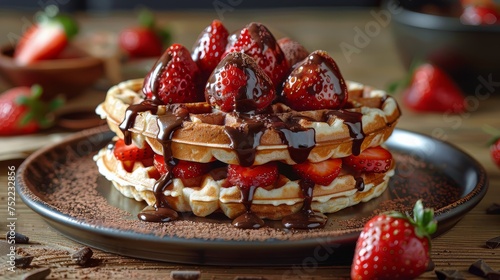 Stack of Waffles Covered in Chocolate and Strawberries