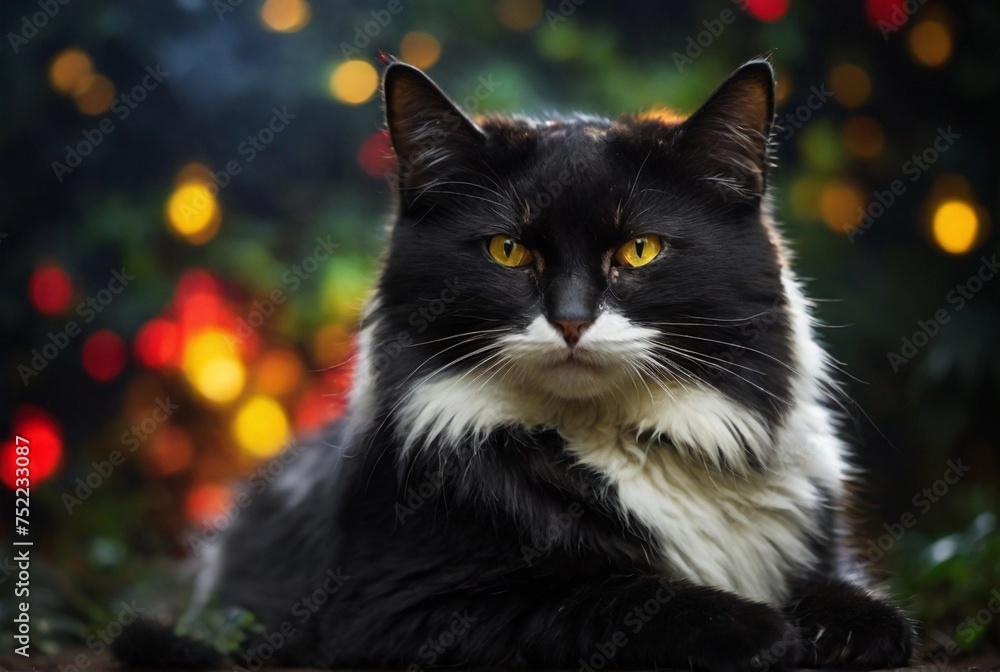 Black-white Cat looks at the night sky. Animal resting in the forest, bokeh, red and yellow and green lighting