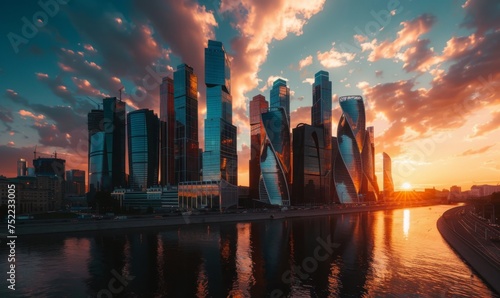 Modern buildings in Moscow City, showcasing the sleek lines and futuristic design