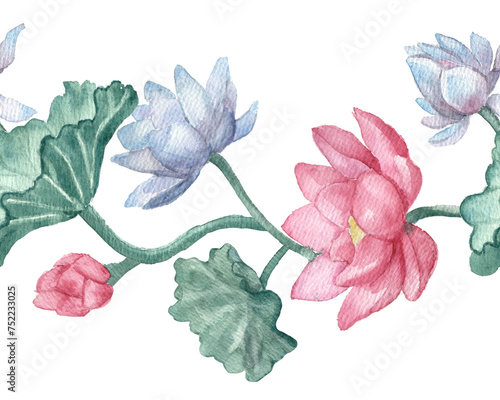 .Horizontal watercolor floral seamless border pattern with water lilies, Nymphaea odorata, Neel Kamal, Blue Lotus, Aquatic plant. Paradise plants, blooms. Symbol of purity, yoga, meditation. photo