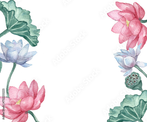 .The frame with pink and blue water lilies. Watercolor illustration of water Lily. Nymphaea odorata, Neel Kamal, Blue Lotus. Aquatic plant. Elegant watercolor floral border photo