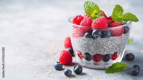 Chia seeds pudding with raspberries, blueberries and mint on light table