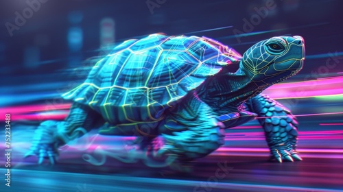 Turtle robot illustration on neon background. Cyborg Turtle. New world concept. Ai generated