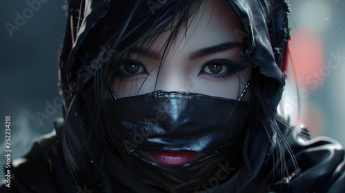 futuristic mysterious black hood female ninja. AI generated photo