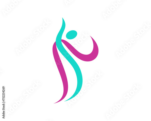 Abstract dancing people in blue wavy swoosh logo