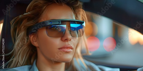 A professional woman multitasking with technology in her car using smart glasses. Concept Technology, Multitasking, Smart glasses, Car, Professional woman © Anastasiia
