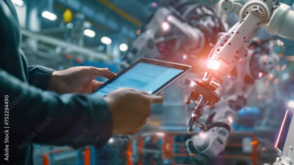 Industry engineer in factory using digital tablet with automated robot arm machine learning operation, system control monitoring, business Industry engineer in factory using digital tablet with automated robot arm machine learning operation, system control monitoring, business