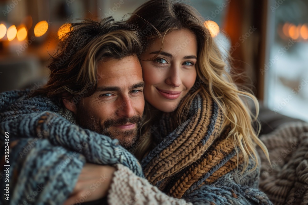 Affectionate couple in knitwear embracing and smiling warmly in a cozy indoor setting Affectionate couple in knitwear embracing and smiling warmly in a cozy indoor setting