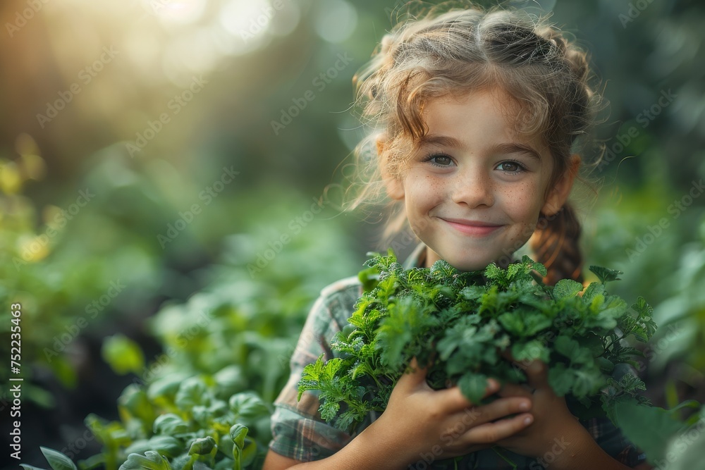 Happy little girl holding a bunch of fresh picked herbs in a garden with sunlight filtering through Happy little girl holding a bunch of fresh picked herbs in a garden with sunlight filtering through