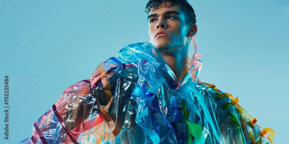 Fototapeta premium Moda upcycling con bolsas de plástico de colores, modelo activista cambio climático, tendencia gorpcore con basura, ropa del futuro hecha de materiales reciclados