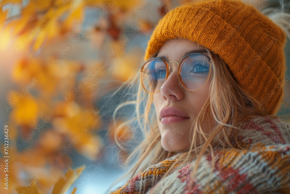 A woman is seen from behind, facing vibrant autumn leaves, evoking a sense of calm and season change