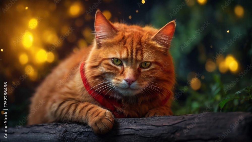 Obraz premium Red Cat looks at the night sky. Animal resting in the forest, bokeh, red and yellow and green lighting