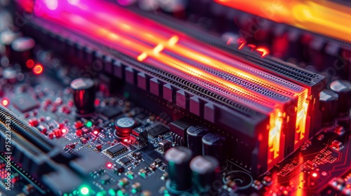 Close Up of Computer Motherboard With Red and Yellow Lights