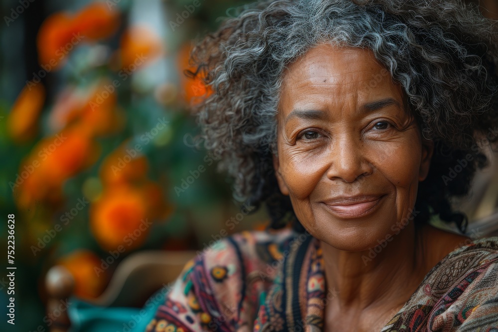 Close-up of a serene elderly woman with grey curly hair and a warm smile, surrounded by greenery Close-up of a serene elderly woman with grey curly hair and a warm smile, surrounded by greenery