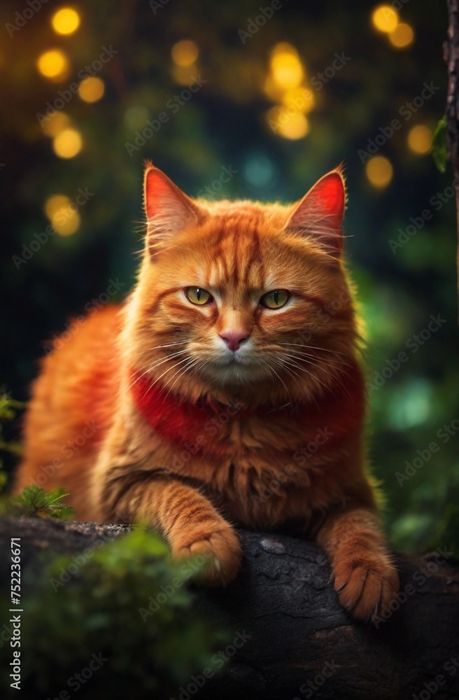 Red Cat looks at the night sky. Animal resting in the forest, bokeh, red and yellow and green lighting