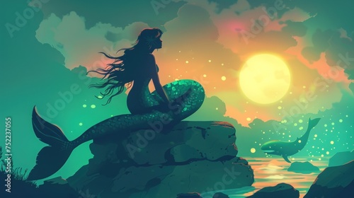 Illustration of a mermaid sitting on a rock on the beach.Ai generated photo