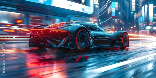 Futuristic electric car speeding through futuristic city streets in the morning. Concept Futuristic, Electric Car, Speeding, City Streets, Morning