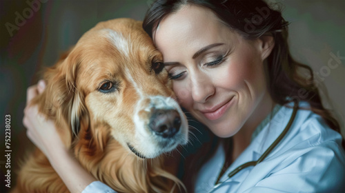 A caring veterinarian at the medical center tenderly hugs a large fluffy dog before a routine checkup. The concept of pet care. Veterinarian's Day