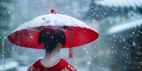 Close-up geisha paseando mientras nieva, camino a casa de una geiko  photo