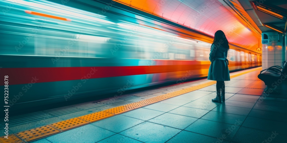 retrato panorámico minimalista de una mujer mientras pasa a toda velocidad el tren, esperando en el subway  - obrazy, fototapety, plakaty 