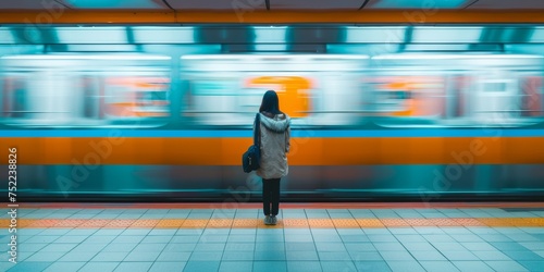 Mujer esperando en el andén del aeropuerto para coger su próximo tren 