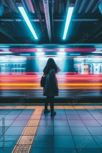 Retrato minimalista de una mujer sorprendida en el subway, chica asustada con el ruido del tren 
