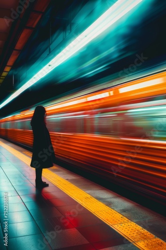 retrato vertical minimalista de una mujer mientras pasa a toda velocidad el tren, esperando en el subway 