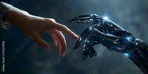 the human hand and the ai hand, A human hand is reaching for a robotic AI futuristic technology hand. Artificial intelligence concept. Technology meets nature. Machine learning