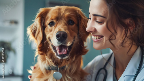 Portrait of a beautiful female veterinarian and a golden retriever dog. The concept of pet care, routine check-ups, vaccinations and vitamins. Veterinarian's Day