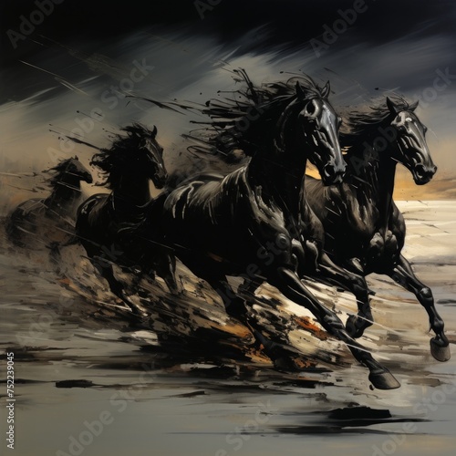 Horse, horses, black stallion. Gallop, galloping. Present paint.