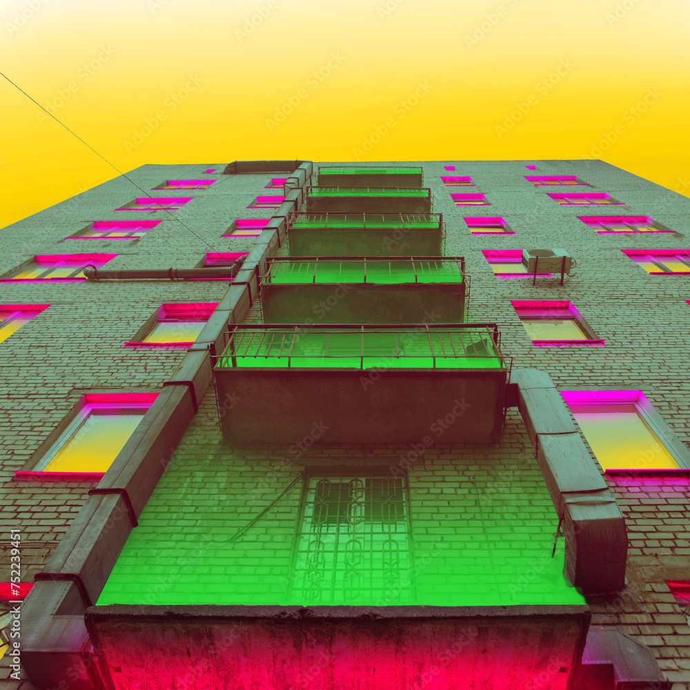 Poster Contemporary Art Collage Tall Brick Building With Illuminated Poster contemporary art collage tall brick building with illuminated